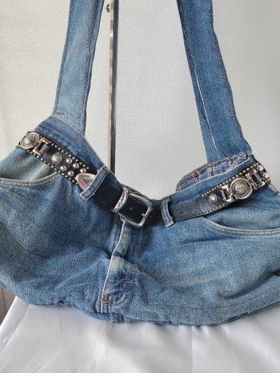 Handmade Handbags - Handmade Upscaled Denim Blue Jean Crossbody Handbag w/ Black Studded Belt